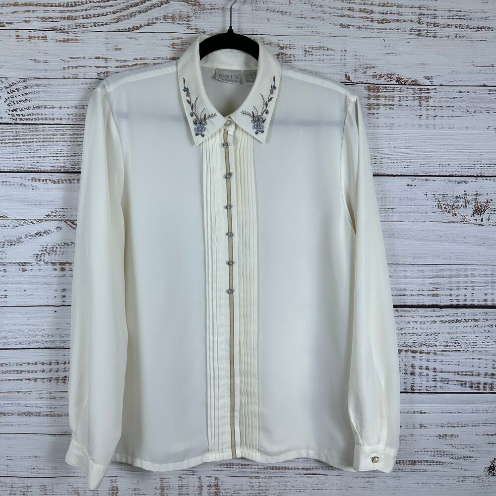 VTG Koret Petites Cream Floral Embroidered Secretary Button Up Blouse Womens 12P